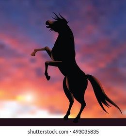 Horse silhouette rearing at sunrise or sunset. With copy space. EPS 10 vector.