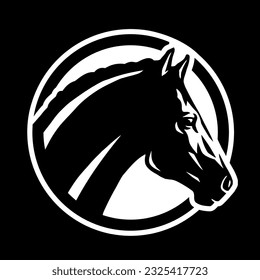 Horse silhouette, round shape logo on a dark background.