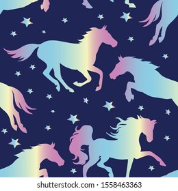 Horse silhouette seamless vector pattern. Holographic magic unicorn with star . pattern for girls.Creative  background for textile, prints, paper products, the Web. 