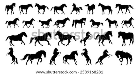 horse silhouette set. horse different poses isolated farm animal silhouette icon vector collection. Vector illustration