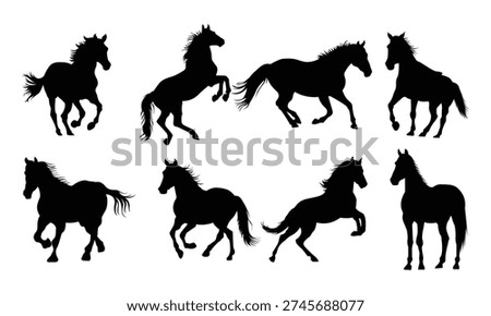 Horse Silhouette Set in Running and Rearing Poses Vector, vector illustration.
