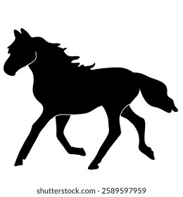 Horse silhouette. Stallion in rearing pose, shadow symbol. Mustang with mane, tail, standing up, side view, black icon for oriental horoscope. Flat vector hand drawn illustration.