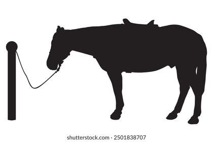 A horse in silhouette is tied up to a hitching poslt