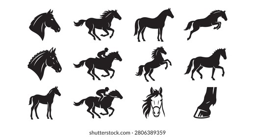 Horse silhouette vector collection, equestrian sport elements, running stallions and riders isolated on white background.