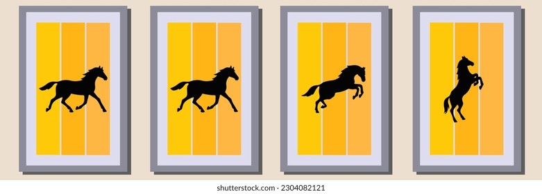 horse Silhouette vector set in frame ,suitable for wall decoration,wall art,interior design, background,wallpaper, postcard and brochure design, illustration