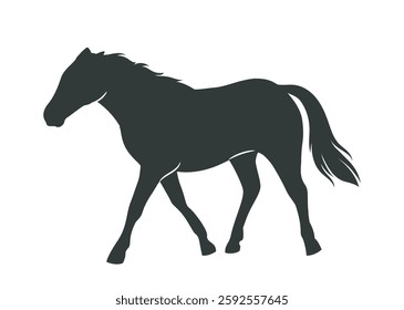 Horse silhouette. Wild noble racehorse walking and grazing. Black or dark icon with fast stallion. Design element for sticker. Flat vector illustration isolated on white background