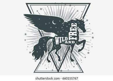 Horse silhouette with wings, stars, moon and text. Inspirational, mystic, fantasy, tattoo art. Abstact poster or prints on t-shirts and bags. Vector Illustration pegasus