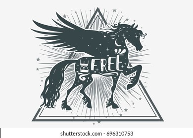 Horse silhouette with wings, stars, moon and text. Inspirational, mystic, fantasy, tattoo art. Abstact poster or prints on t-shirts and bags. Vector Illustration pegasus