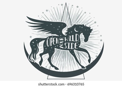 Horse silhouette with wings, stars, moon and text. Inspirational, mystic, fantasy, tattoo art. Abstact poster or prints on t-shirts and bags. Vector Illustration pegasus