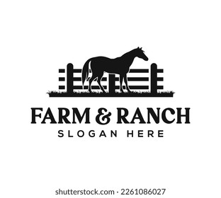 Horse silhouette wooden fence paddock for countryside western country farm and ranch logo design