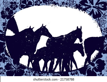 Horse silhouettes in framed in grunge hibiscus frame.