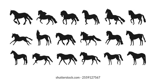 Horse silhouettes set. Stallions galloping, walking, trotting, leaping and running, movement poses. Equine animal figures in motion, profiles. Flat vector illustration isolated on white background