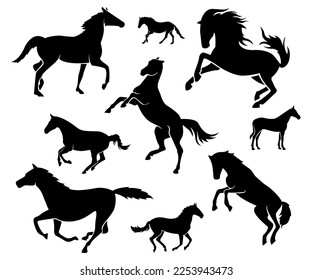 horse silhouettes, horse silhouette vector, set illustration of horse, silhouette of animal