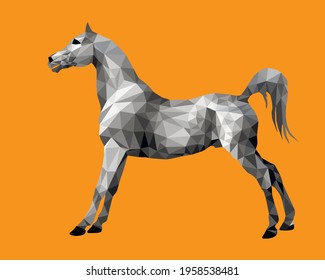 horse silver, isolated image on orange background in low poly style