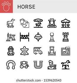 Horse Simple Icons Set. Contains Such Icons As Animal, Trojan Horse, Horse, Merry Go Round, Cowgirl, Chess, Rope Park, Spinning Top, Pawn, Can Be Used For Web, Mobile And Logo