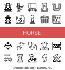 horse simple icons set. Contains such icons as Cowgirl, Knight, Medieval, Racing, Wagon, Pawn, Throne, Brandenburg gate, Horseshoe, Carousel, can be used for web, mobile and logo