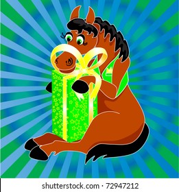 horse sitting there with a gift, box with a bow, a green vest, horse holding a gift box