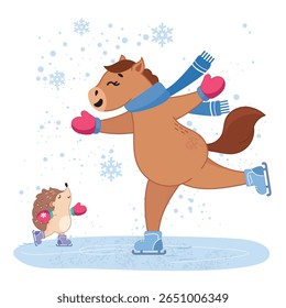 horse skating, rink, ice, snowflakes, winter, holidays, hedgehog, cute characters, cartoon, sticker, cover, decal, layout, template, calendar, 2026, year of the horse, new year, horse, coloring