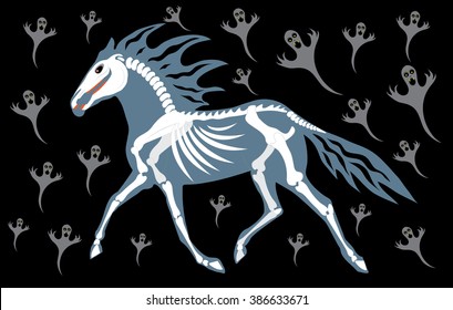 The horse a skeleton jumps surrounded with ghosts