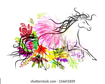 Horse sketch with floral decoration for your design. Symbol of 2014 year