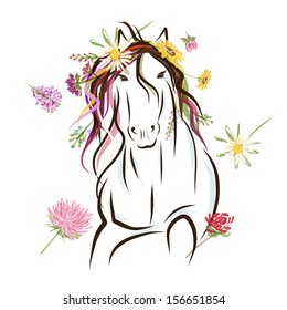 Horse sketch with floral decoration for your design. Symbol of 2014 year