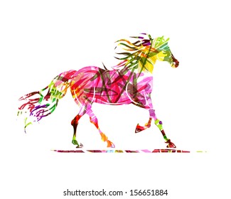 Horse sketch with floral ornament for your design. Symbol of 2014 year