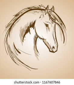 Horse sketch icon. Vector horse waving mane. Wild horse stallion symbol for equine sport or equestrian races contest exhibition