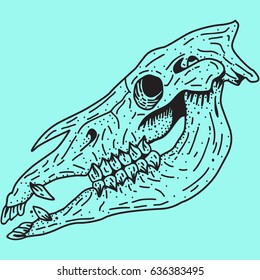 horse Skull of an animal on a blue background, for printing on a T-shirt, element of design, stamp stickers, banner on the site, logo of the tattoo salon,  graphics, vector image, dots art