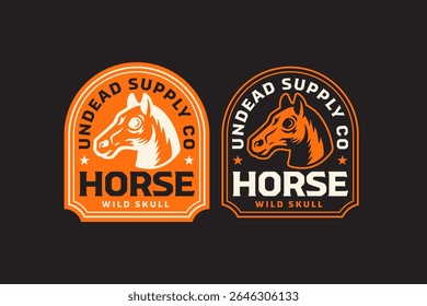 crachá de crânio de cavalo logotipo de crânio em estilo retro negrito. vintage cabeça de corvo logotipo emblema. crânio selvagem mascote ilustração patch para a vida selvagem, aventura, exterior clubes embalagem e mercadoria