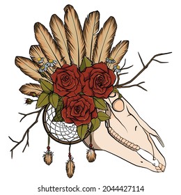 Horse skull illustration, vector. Skull of a horse decorated with flowers, feathers and a dream catcher. 