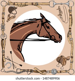 Horse snout in leather belt frame. English equestrian sport style with bit, bridle, saddle, helmet, gloves, whip. Equine vector hand drawn vintage art like silk scarf.