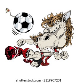 Horse Soccer Player Jumping To Kick The Ball. Horse Kicking A Football Bomb. Soccer Animal Mascot Illustation Concept.