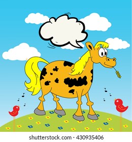horse with speech bubble on a field