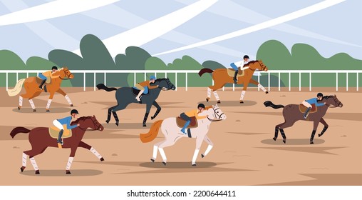 Horse sport competition scene flat composition with six jockeys vector illustration