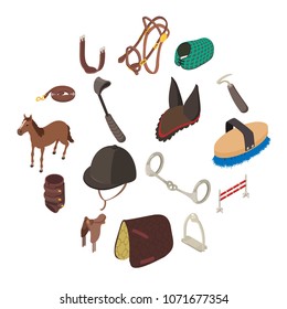 Horse sport equipment icons set. Isometric illustration of 16 horse sport equipment vector icons for web