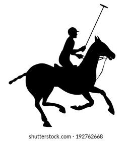 Horse sport polo club player in helmet on horseback black silhouette poster emblem vector illustration