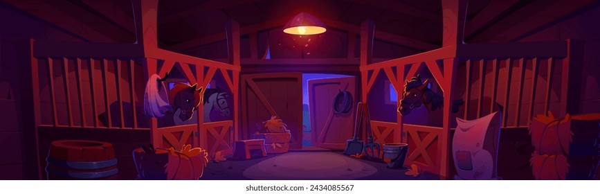 Horse stable with animals in stall at night. Cartoon vector illustration of dark farm barn inside with pets, wooden walls and gates, haystack and barrels. Country pets in ranch shed paddock interior.