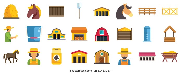 Horse stable and barn icons showing farmers working, feeding and caring for horses, storing hay, and maintaining fences