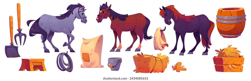 Horse stable design set isolated on white background. Vector cartoon illustration of farm animals, hay stacks, wooden barrel, pitchfork and shovel, metal bucket, fabric sack, barn interior elements