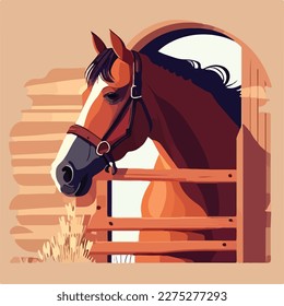 Horse in a stable. Domestic or farm yard animals. Flat vector illustration concept