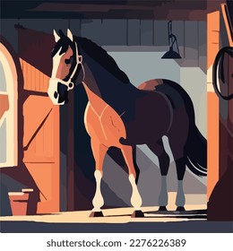 Horse in a stable. Domestic or farm yard animals. Flat vector illustration concept