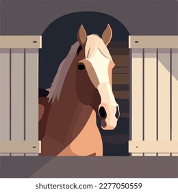 Horse in a stable. Domestic or farm yard animals. Flat vector illustration concept