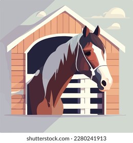 Horse in a stable. Domestic or farm yard animals. Flat vector illustration concept