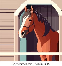 Horse in a stable. Domestic or farm yard animals. Flat vector illustration concept