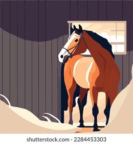 Horse in a stable. Domestic or farm yard animals. Flat vector illustration concept