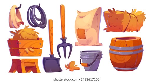 Horse stable or farm barn elements and tools. Cartoon vector illustration set of ranch interior objects - hay in stack and wooden box, rope or lasso and sack, shovel and pitchfork, barn and bucket.