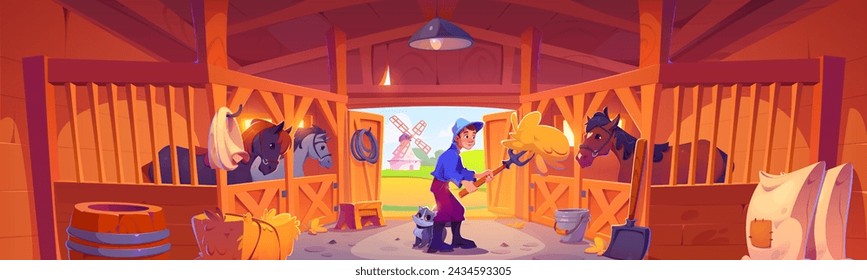 Caballo establo con granjero y animales en puesto. Vector de dibujos animados de un joven trabajador del campo alimentando y cuidando a las mascotas del campo en granero de madera con herramientas y pajares. Rancho cobertizo interior.