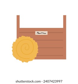 Horse Stable with hay bale. Barn with straw. Horse care and feeding. Equestrian illustration colored flat hand drawn isolated on white background.