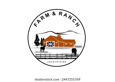 Horse stable house and pasture, mountain background, tree logo design