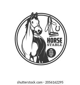 Horse stable icon for equestrian riding hippodrome and equine sport, vector emblem. Horse mustang or stallion with harness and horseshoe sign for stables or steeplechase races and jockey polo club